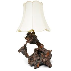  Mid-20th century burl root wood table lamp and shade overall H85cm
