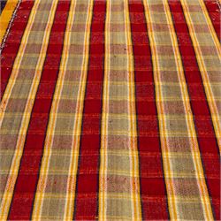 South West Persian Jajim flatweave kilim, field with alternating vertical bands of red, yellow, navy and pale green, decorated with geometric and polychrome raised pile accents, fringe ends 