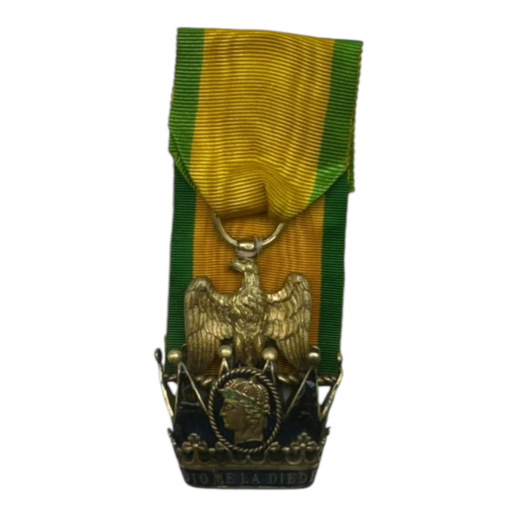 Kingdom of Italy Order of the Iron Crown replica, the Knight’s breast badge in gilt metal and enamel with crowned bust of Emperor Napoleon facing left to the centre, in fitted case, together with a reproduction helmet plate, plate H14cm