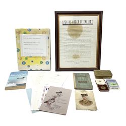 Framed WW2 'Special Order of the Day' poster date 24th May 1940 relating to Narvik in Norway; WW1 Princess Mary Christmas tin with quantity of uniform buttons; cigarette silk of the Prince of Wales in uniform; Royal Navy dinner menus, including HMS Daedalus Taranto forty-third, forty-fourth and forty-fifth anniversary dinners, 1983-1985, the wardroom mess summer ball, etc   