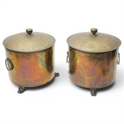 Pair of 19th century copper coal buckets, twin carrying handles and with liners, on scroll...