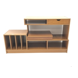 Teak retro corner entertainment stand, single drawer, record stand, W146cm, H81cm, D46cm