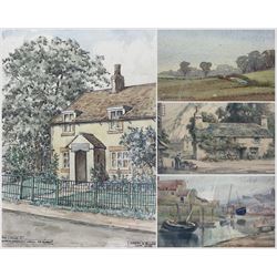 Henry George Walker (British 1876-1932): The Village Inn, etching with hand colouring; English School (Early 20th Century): Whitby Boats, watercolour unsigned; Hubert Ernest Bulmer (British 1874-1963): 'The Lodge - North Stainley Hall Nr Ripon', watercolour signed titled and dated 1948; John Cartmel Crossley (British 1933-?): 'The Road to Eglingham', watercolour signed, titled verso max 24cm x 34cm (4)