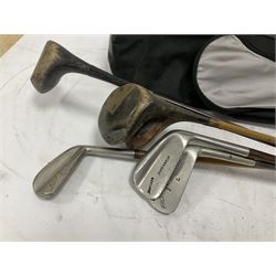 Quantity of golf clubs to include Prestwick Mashie, Ben Sayers and Spalding examples etc in Slazenger soft shell carrying bag
