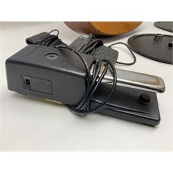 Spanish BM acoustic guitar with mahogany back and sides and spruce top L101cm; in cello carrying case; Roland foot pedal and two Yamaha foot pedals; tin D# organ pipe; folding music stand etc