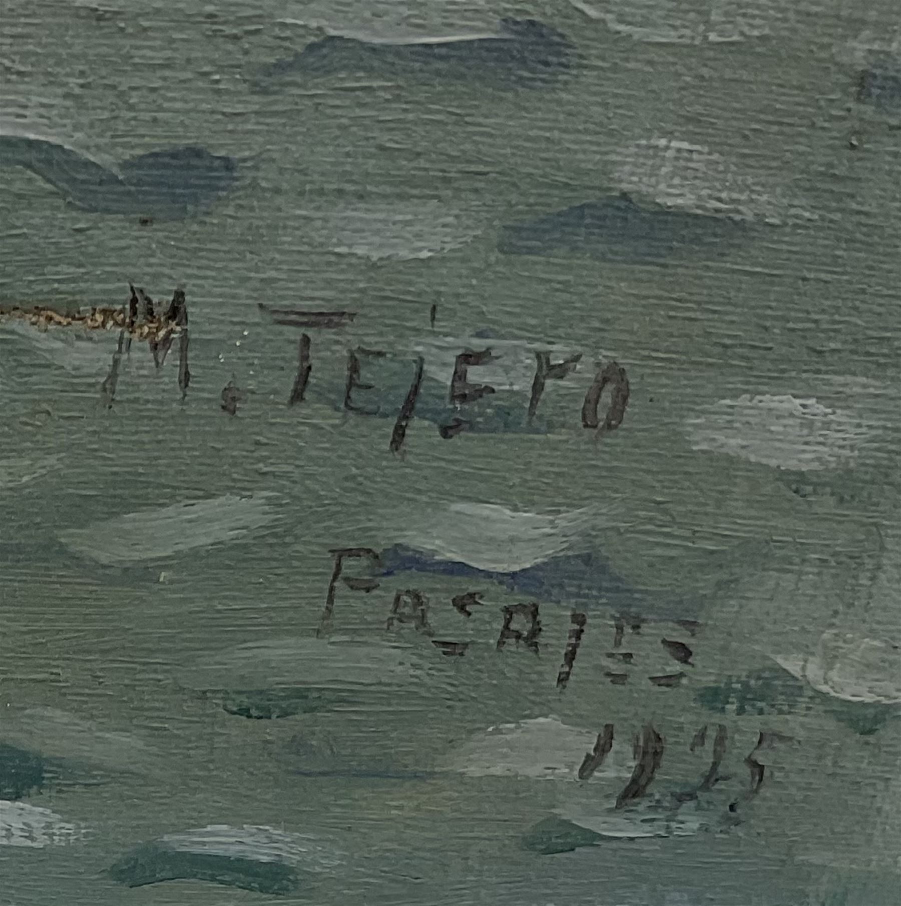 Manuel Tejero (Spanish 19th/20th century): Figures and Boats in a Rocky Cove, oil on canvas signed and dated 'Pasajes 1935', 65cm x 85cm (unframed)