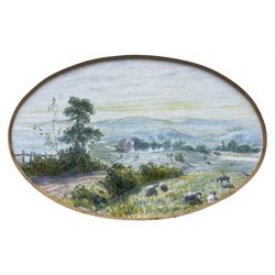 Circle of Myles Birket Foster (British 1825-1899): Expansive Landscape with Sheep, oval watercolour unsigned 9cm x 14cm
