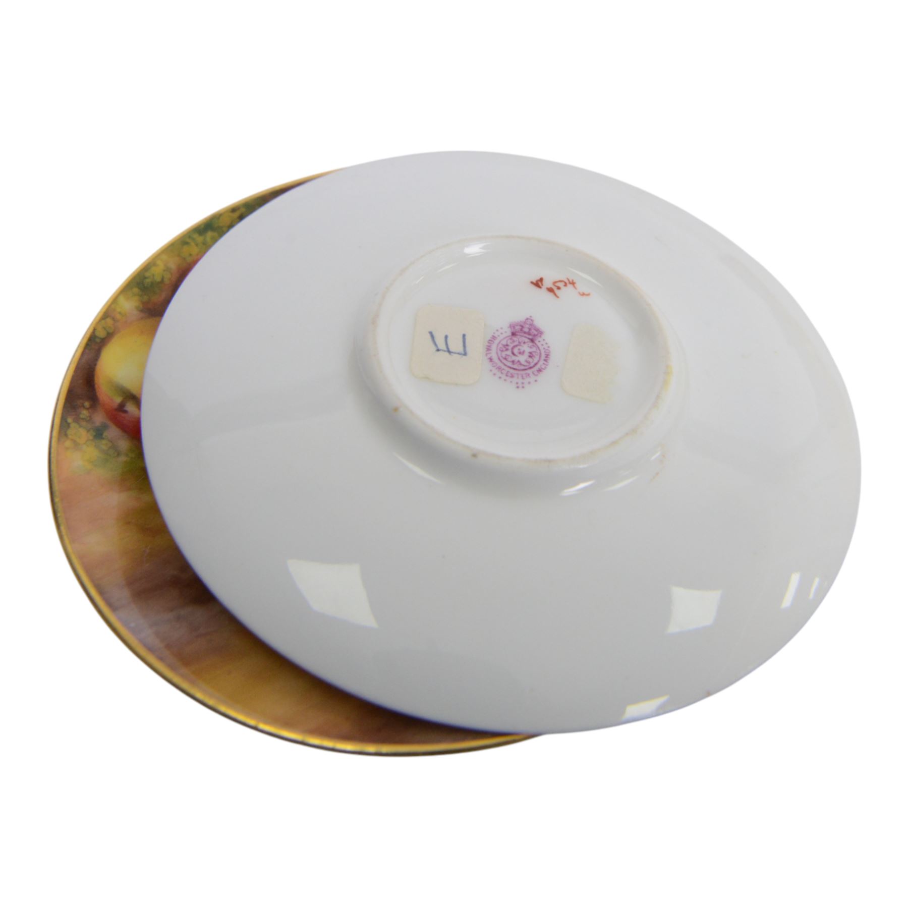 Two small 20th century Royal Worcester cabinet cups and saucers, together with another saucer, each painted with a still life of fruit upon a mossy ground, bearing various signatures: E Townsend, Ricketts, G H Cole, and H Ayrton, each with puce printed mark beneath, teacups approximately H3cm D5.5cm, coffee cup H4.5cm, saucers 9.5.cm