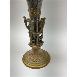 A pair of Doulton Lambeth Marqueterie vases, circa 1890, of trumpet form with applied zoomorphic supports, upon spreading circular feet, with impressed and printed marks beneath, H28cm.
