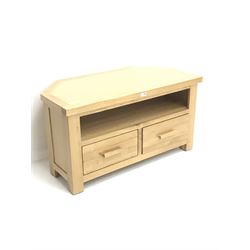 Light oak corner tv stand, two drawers, stile supports 