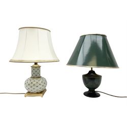 Italian ceramic table lamp decorated with geometric green and black pattern on white ground with gilt metal square plinth base, together with a green and black marbled effect lamp by Holkham pottery, both with shades, tallest H47 incl shade