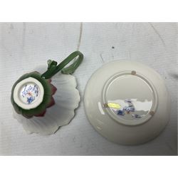 Five Franz teacups and saucers comprising Hummingbird FZ00129, Bluebell FZ00875, Dragonfly FZ00028, Butterfly XP1693 and Daisy FZ00793, together with Hummingbird spoon, all boxed (6)