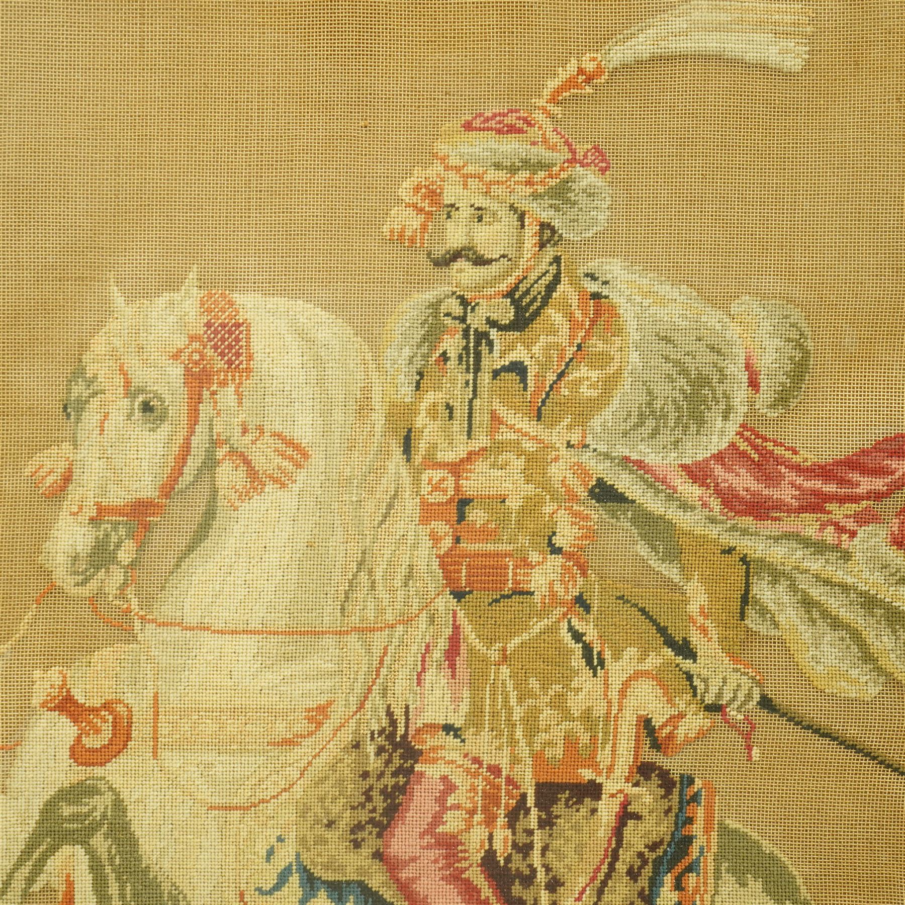 19th century petit point needlework panel of a Napoleonic cavalry officer 60cm x 51cm , framed
