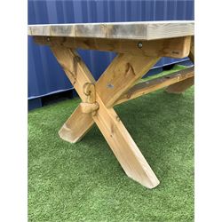 Alexander Rose - large pine rectangular garden table on x-frame end supports joined by pegged stretcher 

 - THIS LOT IS TO BE COLLECTED BY APPOINTMENT FROM DUGGLEBY STORAGE, GREAT HILL, EASTFIELD, SCARBOROUGH, YO11 3TX