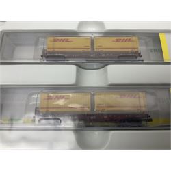 Trix Minitrix 'N' gauge - No.15272 DHL five-car set; boxed; and No.13982 set of three Cargo goods wagons; boxed (2)