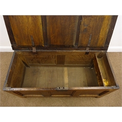  Early 19th century oak coffer, panelled hinged lid, stile end supports, W108cm, H48cm, D46cm  