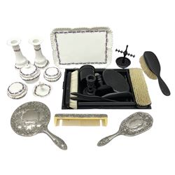 Ebony dressing table set, together with continental porcelain dressing table set; and another (3)