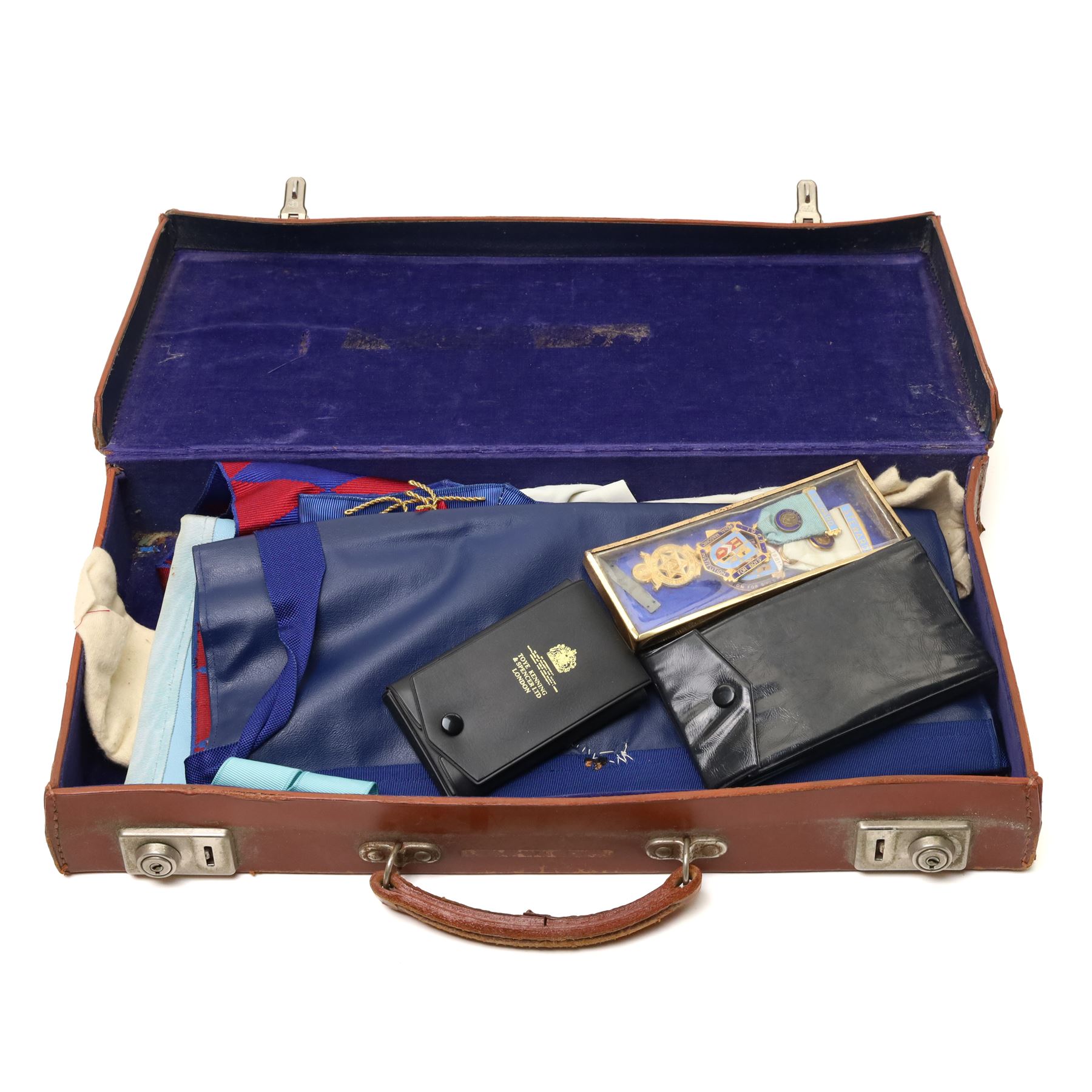  Masonic Regalia including silver gilt and enamel Past Masters jewel from the Hazel Lodge, other gilt metal jewels, leather aprons etc in case