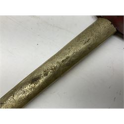 Malayan Kris dagger, the 31.5cm double edged straight heavy damascus blade with copper ferrule; carved hardwood grip; in large wooden throated scabbard with floral decorated white metal covering L47.5cm overall; a kris blade with adapted antler grip; and five various small daggers/letter openers (7)