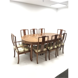 Chinese rosewood extending dining table with two leaves, square tapering supports on spade feet (W203cm, H78cm, D112cm) and set eight (6+2) chairs (W56cm)