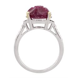 18ct white gold carved ruby ring, set with two baguette cut diamonds either side and diamond set shoulders, ruby approx 6.00 carat