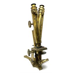 Victorian lacquered brass binocular microscope by R. & J. Beck with rack and pinion and fine focusing, stage fitted with direction adjusters above a plano/concave mirror, the main tube stamped 'R. & J. Beck 31 Cornhill London 5461' H39cm