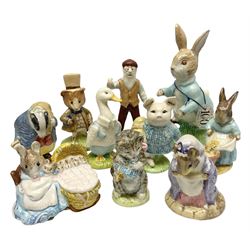 Six Beswick Beatrix Potter figures, comprising Miss Moppet, Tommy Brock, Peter Rabbit, Cecily Parsley, Mr Drake Puddle-Duck, Amiable Guinea Pig, together with four Royal Albert figures, Hunca Munca, Lady Mouse made a curtsy, Little Pig Robinson and Mr McGregor, all with printed mark beneath  (10)