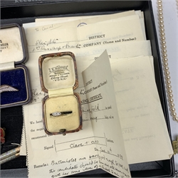 Gold three stone diamond chip ring, stamped 18ct plat, opal shard double bar brooch, RAF badge, A.R.P whistle and other miscellaneous items