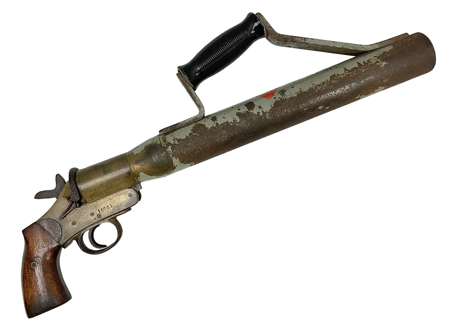 Schermulys Patent No.503324 nitro proof line throwing pistol No.15003; brass body with proof marks; the 32cm steel barrel with secondary handle over and original transfer 'The Schermuly Pistol Rocket Apparatus Ltd. London' L51cm overall