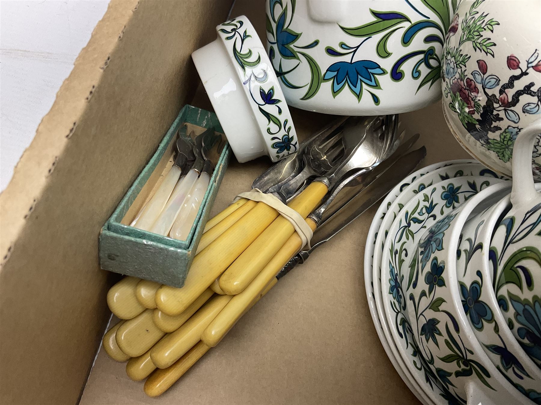 Wedgwood and Coalport 'Countryware' pattern ceramics, to include teapot, toast rack, napkin rings, jug, oval dish, sauce boat and saucer, etc, together with other ceramics to include Hornsea Fauna vase, Sylvac Apple Blossom pattern bowl, Sylvac jug in the form of a sack, no. 406, two Nao figures, tea wares, silver plated cutlery etc