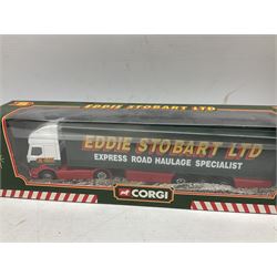 Eddie Stobart - three Corgi die-cast lorries comprising Volvo Short Wheelbase Lorry with Close Couple Trailer; 59516, Renault Curtainside Trailer; 59538 and ERF Curtainside Trailer; 59502, Oxford 1:76 scale die-cast Scania EVO 6 Car Transporter, togther with various Atlas models, all boxed (10)