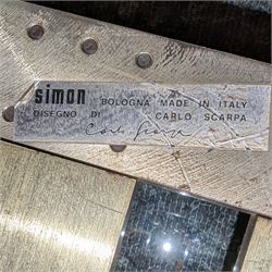 Carlo Scarpa for Studio Simon – 1970s Italian design dining table, the rectangular clear glazed top resting on a brushed steel and aluminium architectural base, with exposed bolt details and angled legs, maker's label with the designer's signature