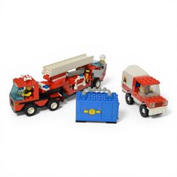 Eight vintage Lego Classic Town vehicles, comprising no. 6853 Coastal Cutter, no. 6359 Horse Trailer, no. 6693 Recycle Truck, no. 6361 Mobile Crane, no. 6340 Hook and Ladder, no. 6691 Red Cross Helicopter, no. 6341 Gas 'n' Go Flyer and no. 6697 Rescue Helicopter, all built with minifigures