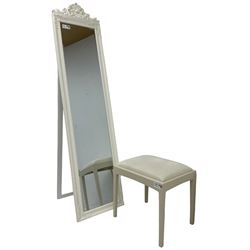 White finish rectangular cheval mirror, moulded rectangular frame with ornate cartouche pediment, bevelled mirror plate (H176cm); small cream painted stool with upholstered drop-in seat (W47cm) (2)