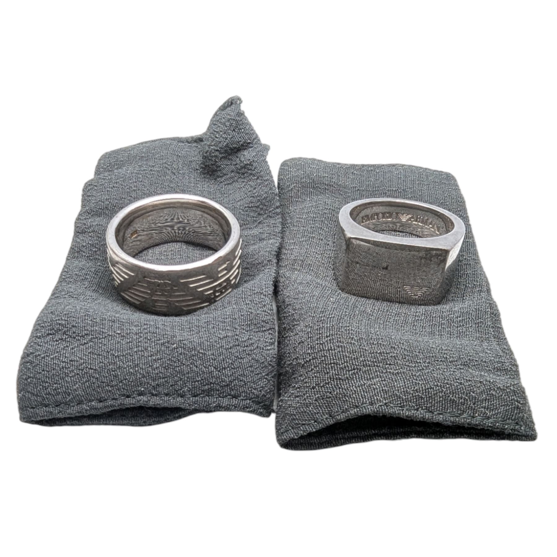 Two gentleman's Armani silver rings (boxed) and Links of London two dial travelling clock (cased)