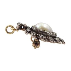 Victorian gold and silver heart shaped pendant/brooch, the central pearl with rose cut diamond surround, the outer border set with old cut diamonds