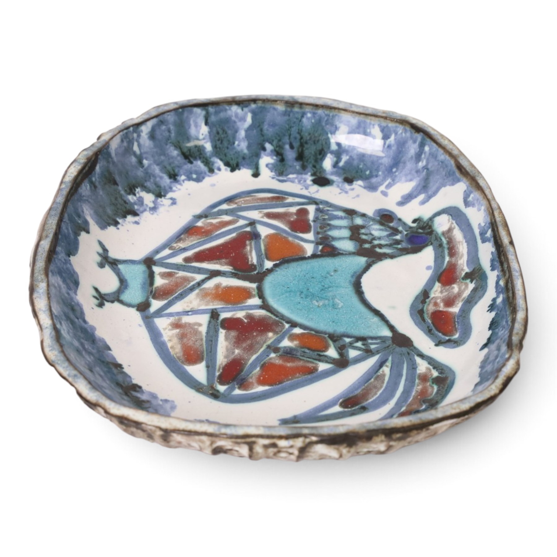 Adam Dworski (1917-2011) - oval dish, decorated to the centre with a stylised cockerel, signed beneath, L29cm, W24cm 
