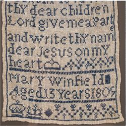 19th century sampler, by Mary Winfield aged 13 years, 1809, alphabet and verse, framed, H54cm 