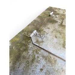 Large early 20th century galvanised water, cube form  with rounded corners and buttoned detail, with tap