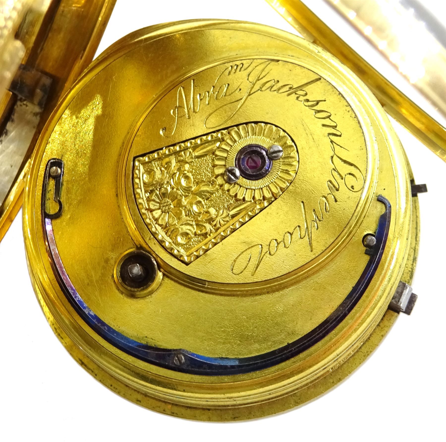 George IV 18ct gold lever fusee pocket watch by Abraham Jackson, Liverpool, No. 5003, gilt dial with Roman numerals and subsidiary seconds dial,  later Victorian engine turned case with cartouche by Henry Stuart, Chester 1860