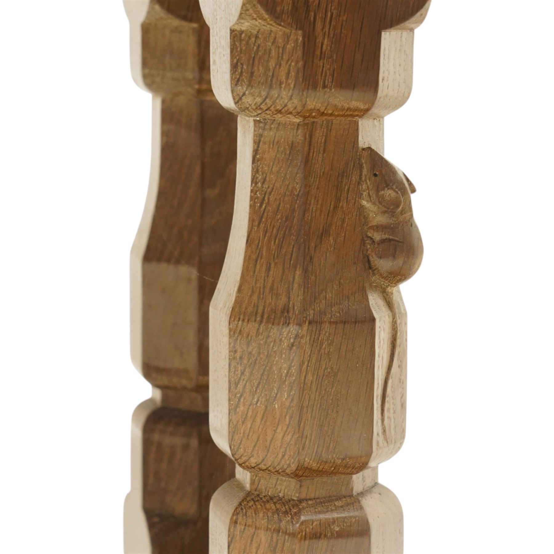 Mouseman - adzed oak rectangular coffee table, commissioned with four octagonal supports joined by chamfered stretcher terminating in sled feet, with carved mouse signature, by the workshop of Robert Thompson of Kilburn