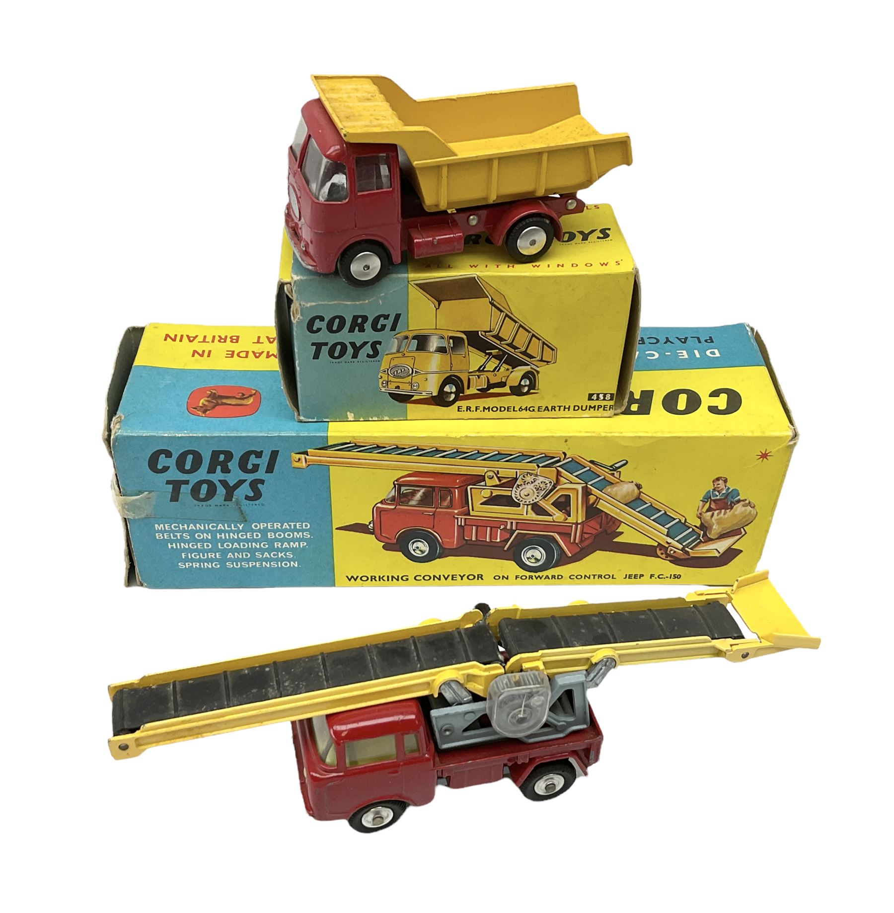 Corgi - Working Conveyor on Forward Control Jeep F.C.150 with inner stand; and E.R.F. Model 64G Earth Dumper No.458; both boxed (2)