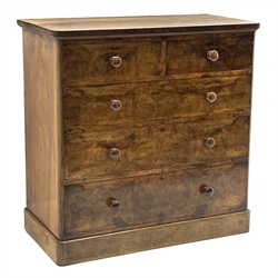 Victorian figured walnut chest, rectangular top with rounded corners above two short and three long drawers, plinth base, W107cm, H107cm, D54cm