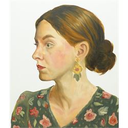 English School (Contemporary): Profile Portrait of a Lady in a Floral Dress, oil on board ...