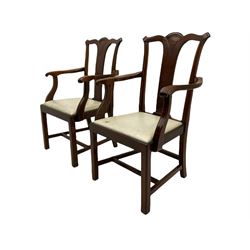 Pair of Georgian style mahogany armchairs, shaped cresting rails with central curved arch over straight splats, upholstered drop in seats, square supports with mould joined by plain stretchers 