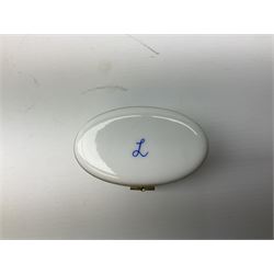 Late 19th Century pot lid bearing ‘The Residence of Anne Hathaway, Shakespeare’s Wife’ below printed decoration of thatched houses and animals scene, Royal Crown Derby Chinoiserie pattern coffee can and saucer, Rd No 758225, and an oval trinket box with gilt decoration bearing interlaced L mark to base (4)