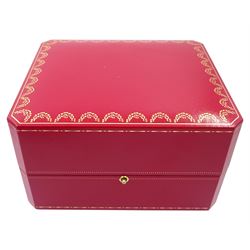 Cartier Santos Galbée gentleman's stainless steel automatic wristwatch, Ref. 2319, silvered guilloche dial with Roman numerals and secret signature at 7 o'clock, boxed purchase certificate dated 2003, pouch and service receipt dated September 2023