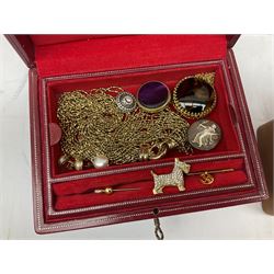 Collection of vintage and later jewellery including necklaces, bracelets, earrings, Waltham Chrome pocket watch and other stone set jewellery, in a tooled red leather jewellery box, together with a Dupont cigarette lighter