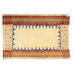 Persian Jajim flatweave kilim, plain beige central field, framed by stepped indigo and pol...
