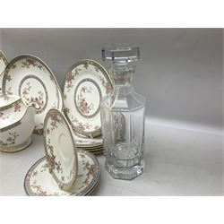 Royal Doulton Canton pattern tea and dinner wares comprising teapot, milk jug, twin handled lidded sucrier, cake plate, six dinner plates, six side plates, five smaller plates, five saucers and pair of candlestick holders, together with Sevres clear glass decanter with faceted sides and stopper, all with marks beneath